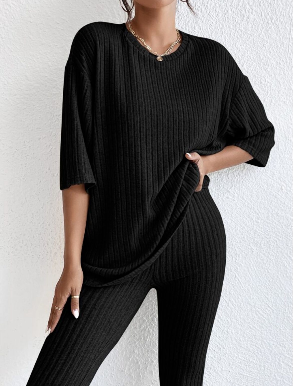 Ensemble pantalon décontracté pour femme – Couleur unie, style homewear