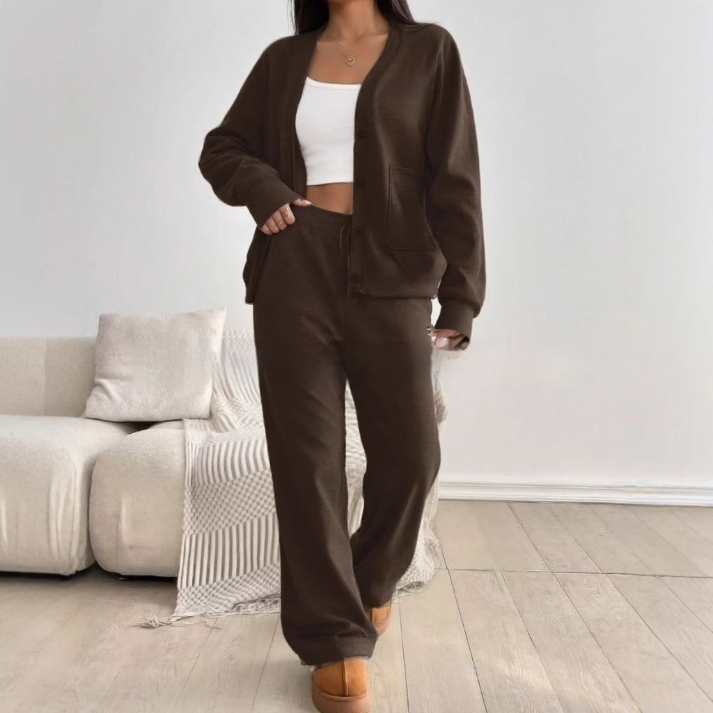 Ensemble 2 pièces femme : cardigan à manches longues et pantalon à jambes larges taille haute