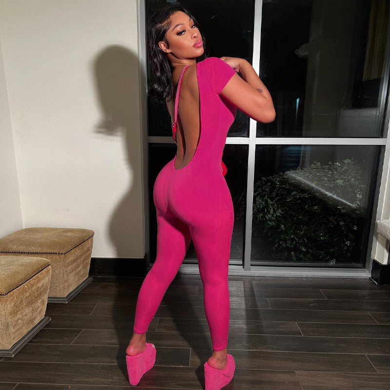 Combinaison moulante sans manches à col rond, dos nu, taille haute et effet galbant