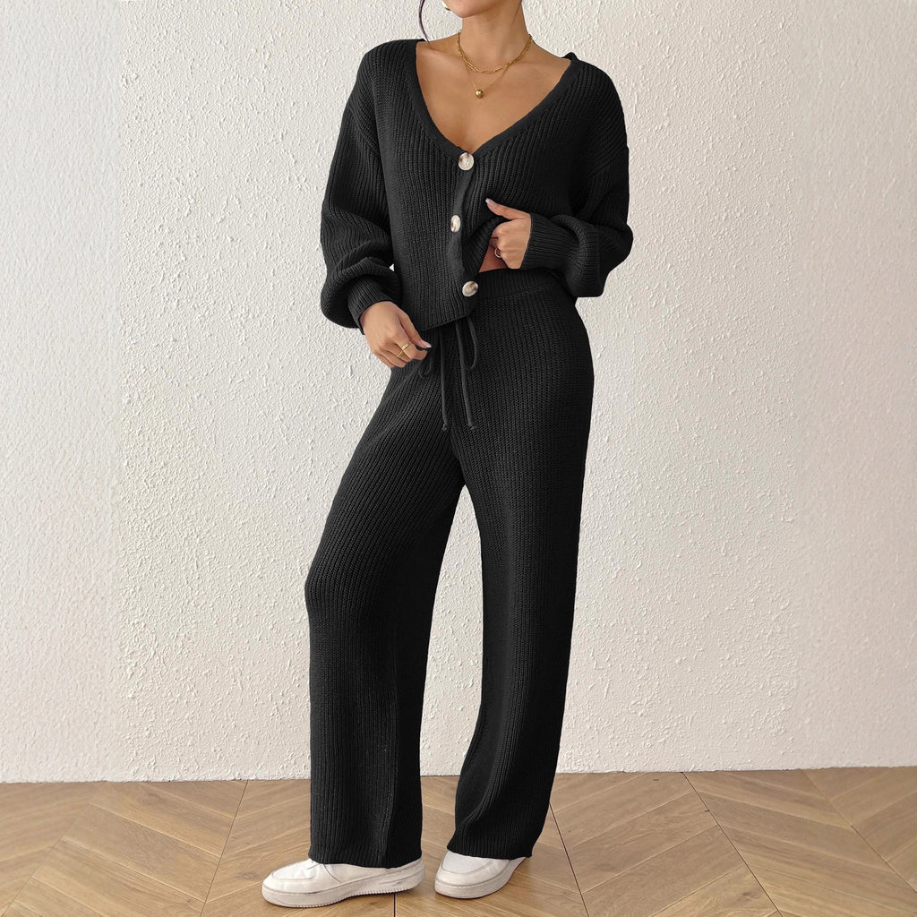 Ensemble 2 pièces femme : haut court uni et pantalon à jambes larges taille haute