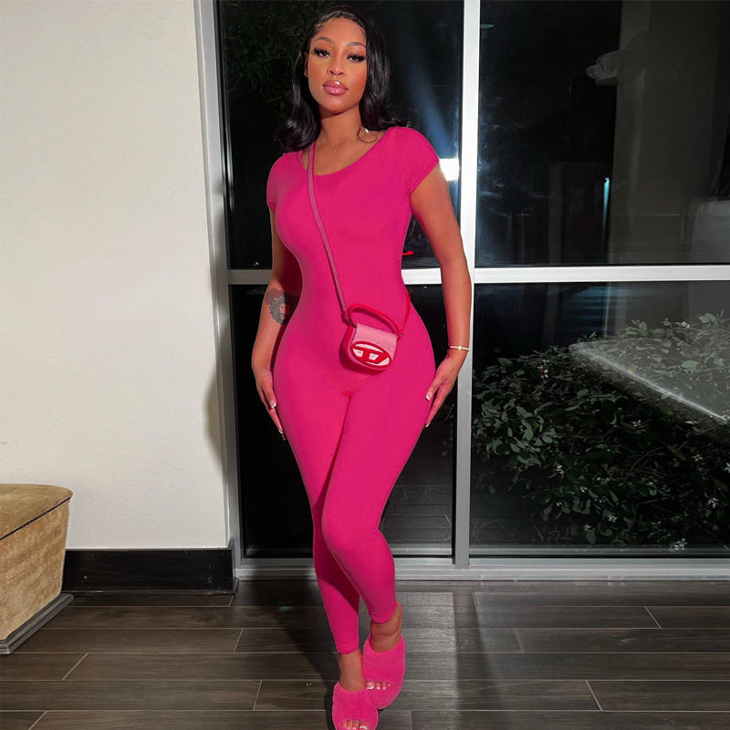 Combinaison moulante sans manches à col rond, dos nu, taille haute et effet galbant