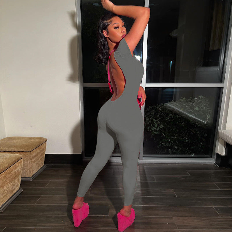 Combinaison moulante sans manches à col rond, dos nu, taille haute et effet galbant