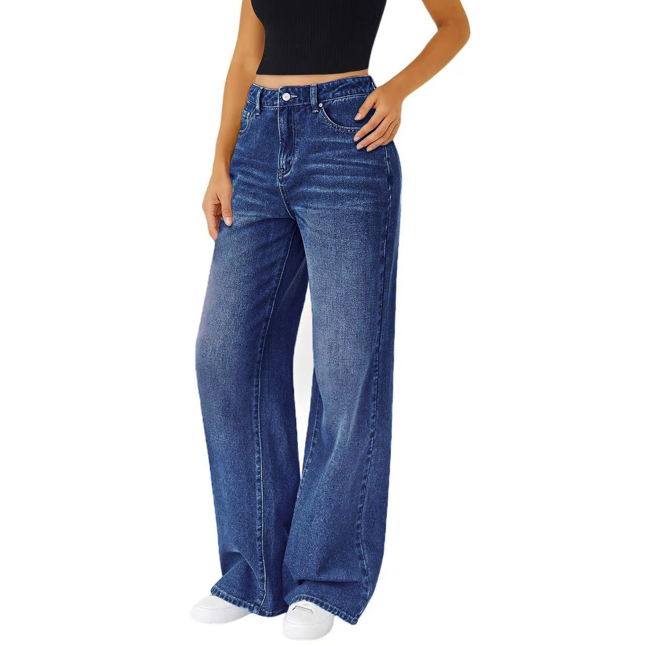 Jeans Femme Coupe Droite Loose à Haute Élasticté