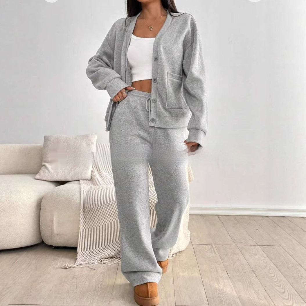 Ensemble 2 pièces femme : cardigan à manches longues et pantalon à jambes larges taille haute