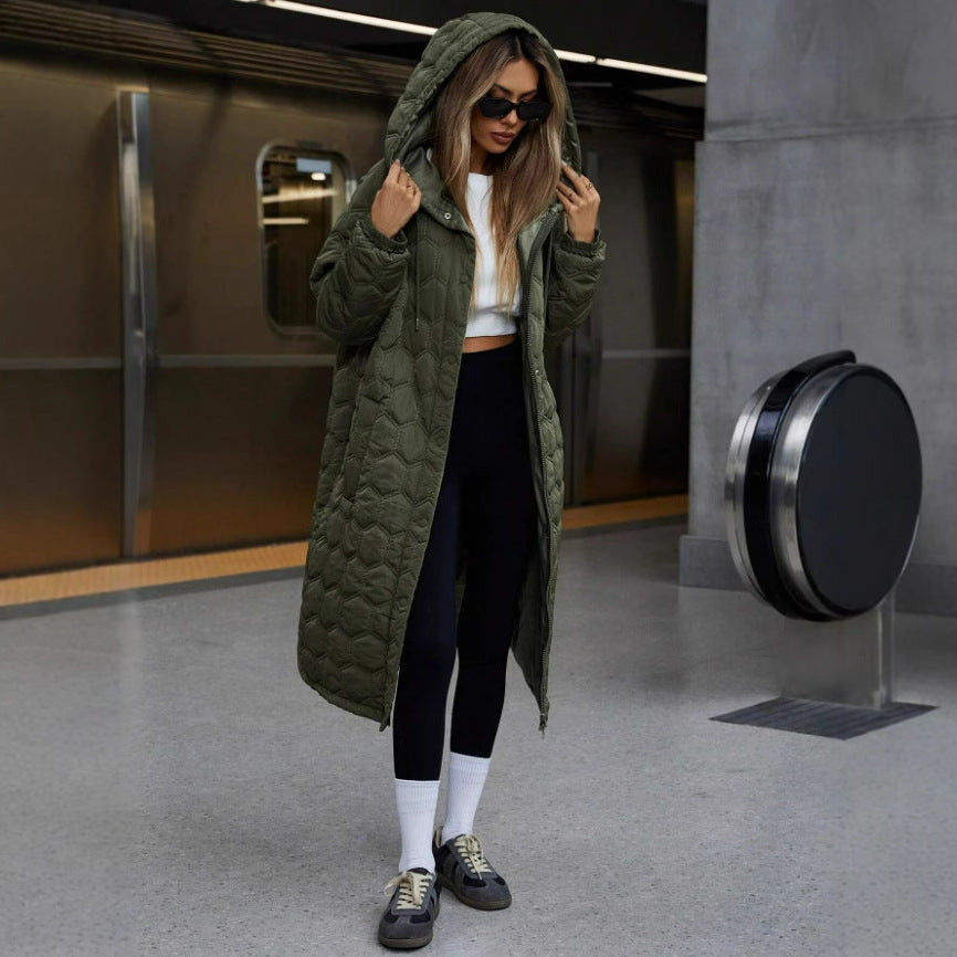 Manteau Long à Carreaux à Capuche pour Femme – Élégance et Confort