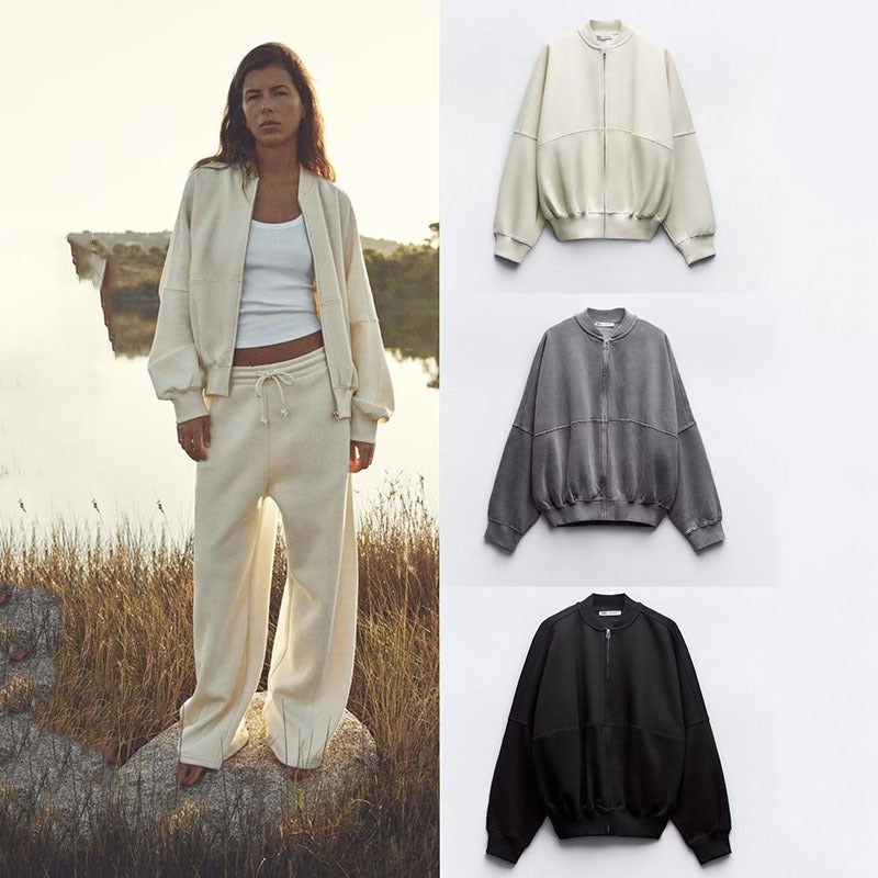 Ensemble bomber zippé et pantalon en flanelle à taille haute