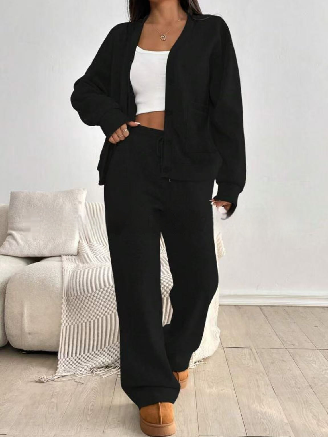 Ensemble 2 pièces femme : cardigan à manches longues et pantalon à jambes larges taille haute