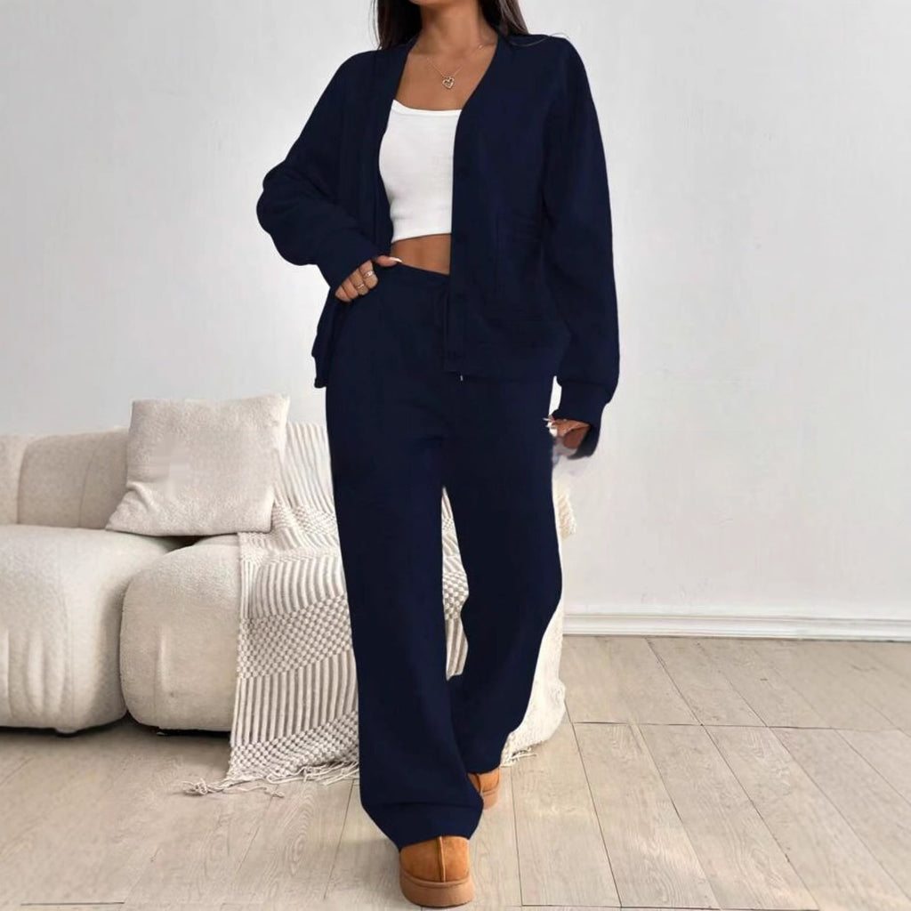 Ensemble 2 pièces femme : cardigan à manches longues et pantalon à jambes larges taille haute