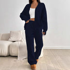 Ensemble 2 pièces femme : cardigan à manches longues et pantalon à jambes larges taille haute