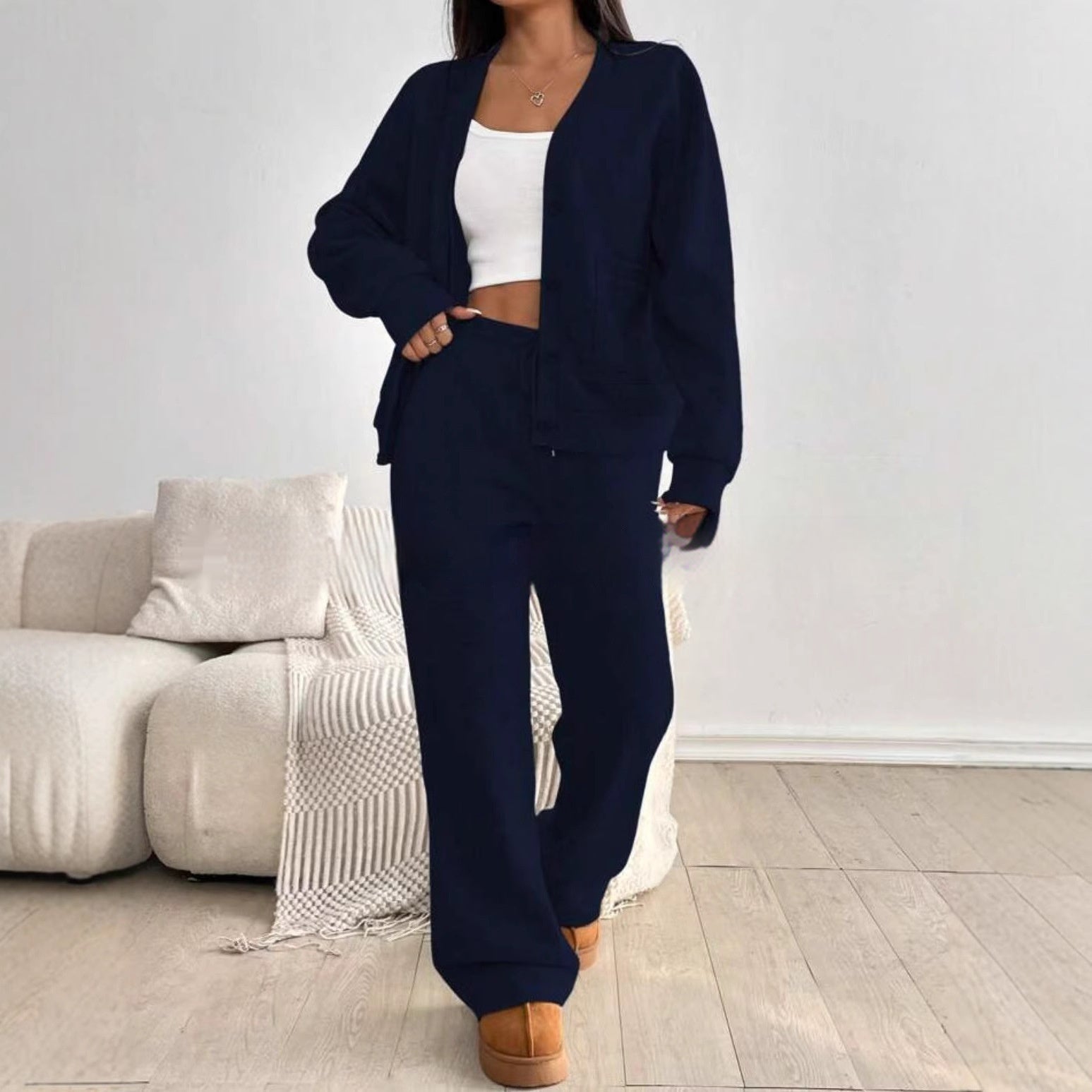 Ensemble 2 pièces femme : cardigan à manches longues et pantalon à jambes larges taille haute