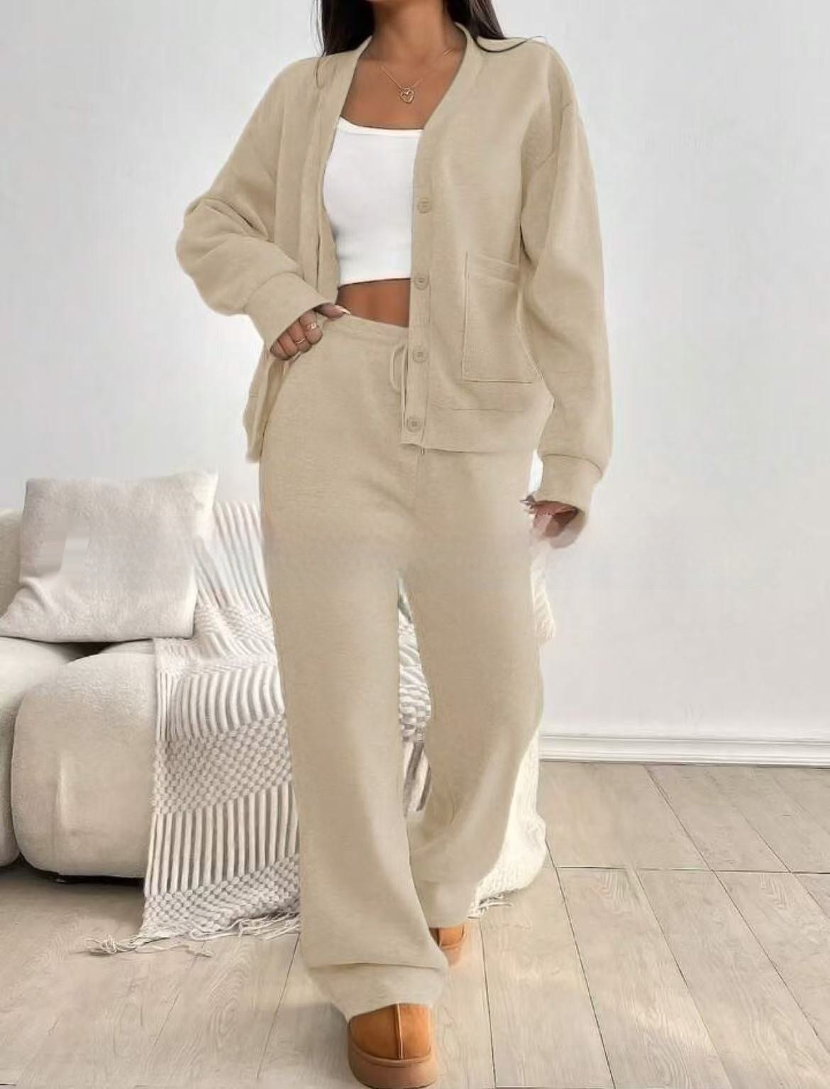 Ensemble 2 pièces femme : cardigan à manches longues et pantalon à jambes larges taille haute