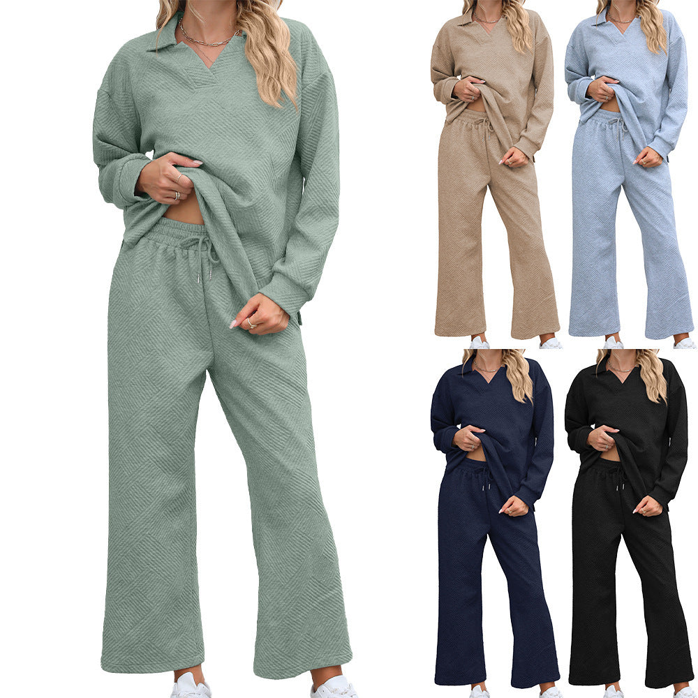Ensemble 2 pièces femme : pull à col châle à manches longues et pantalon à taille élastique