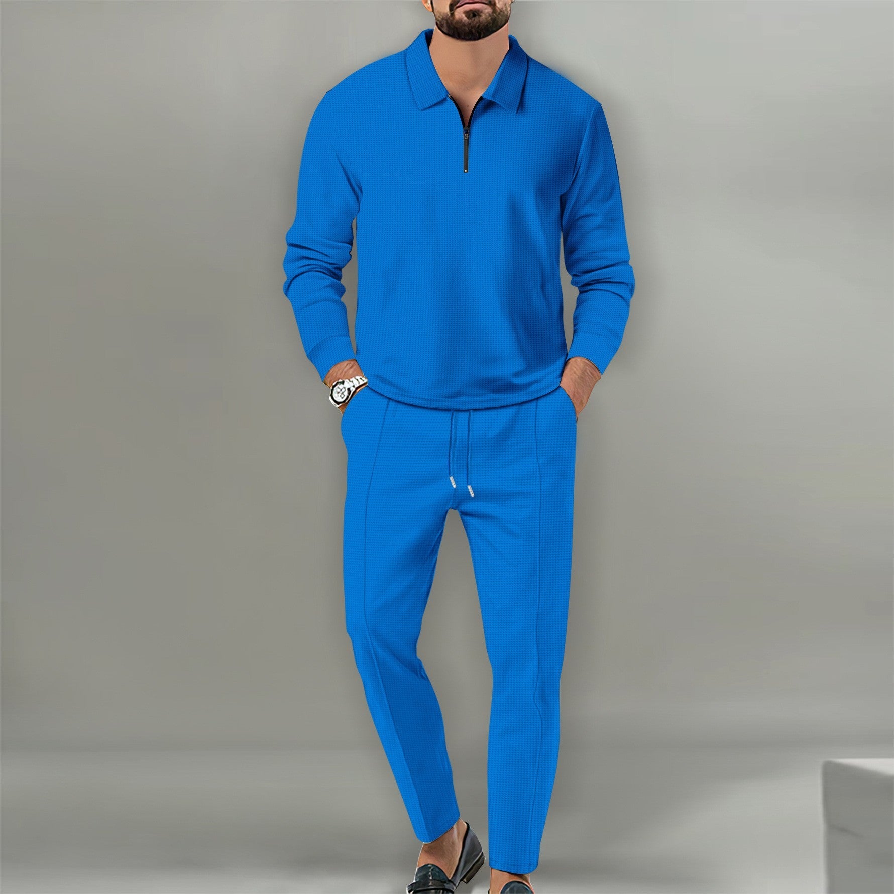 Ensemble Waffle Zippé – Haut à Manches Longues & Pantalon Homme