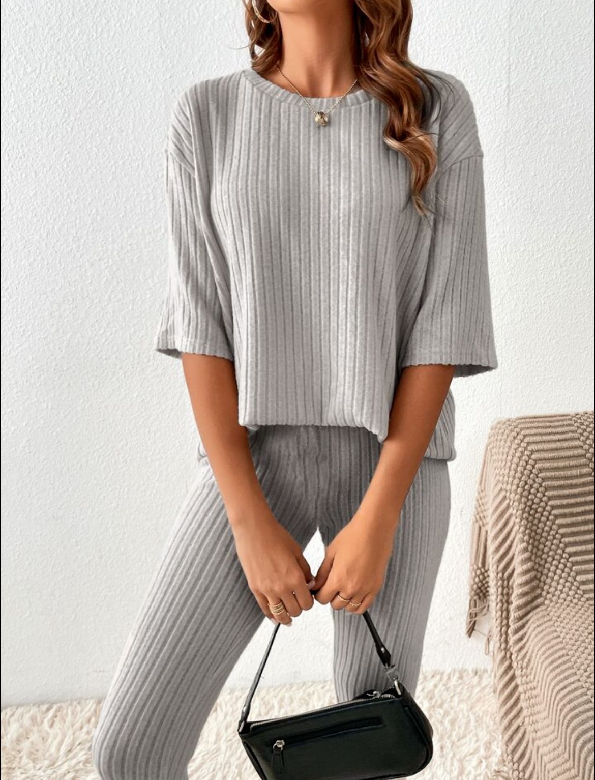 Ensemble pantalon décontracté pour femme – Couleur unie, style homewear