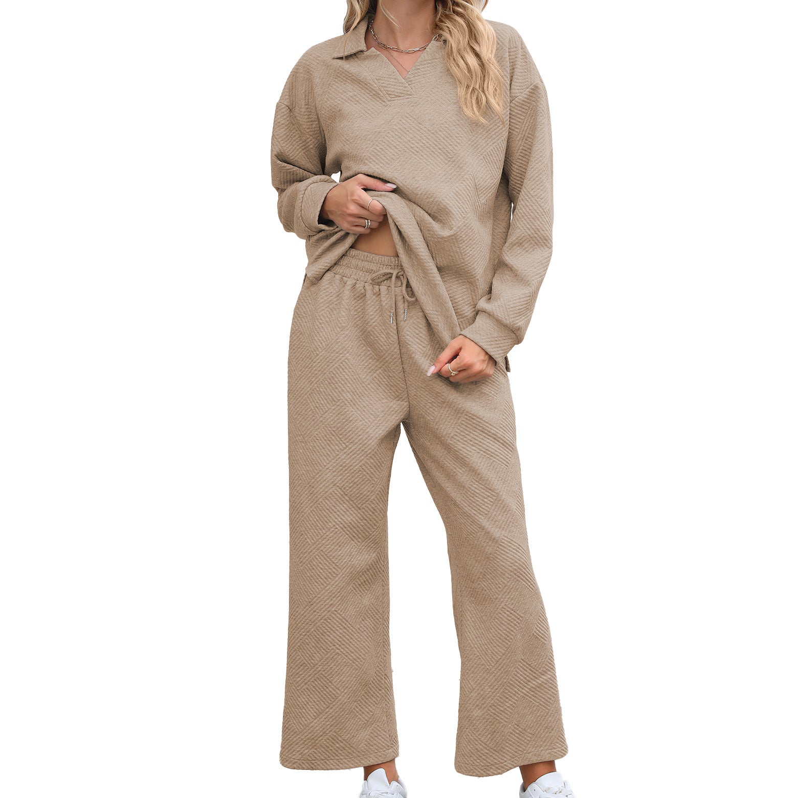 Ensemble 2 pièces femme : pull à col châle à manches longues et pantalon à taille élastique