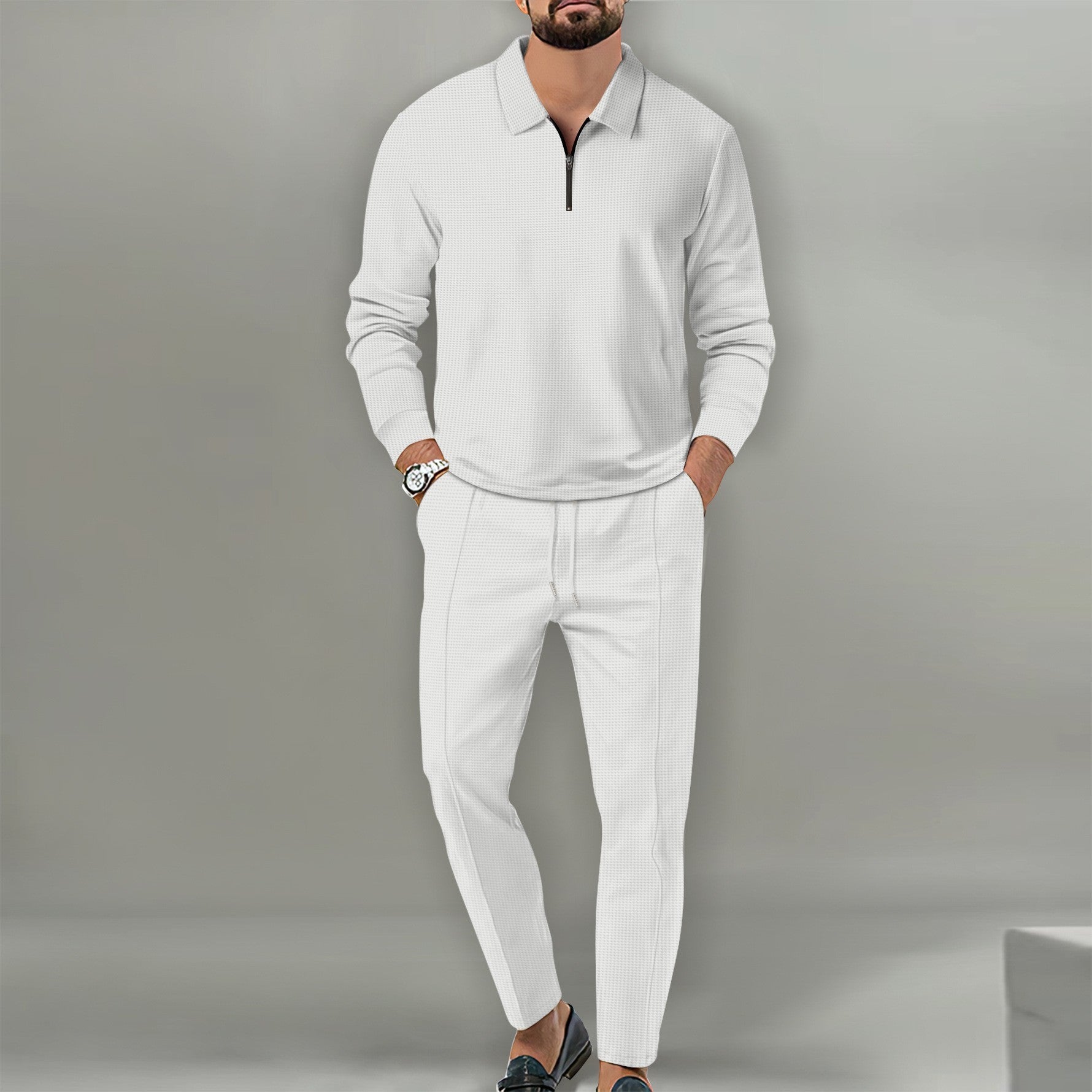 Ensemble Waffle Zippé – Haut à Manches Longues & Pantalon Homme