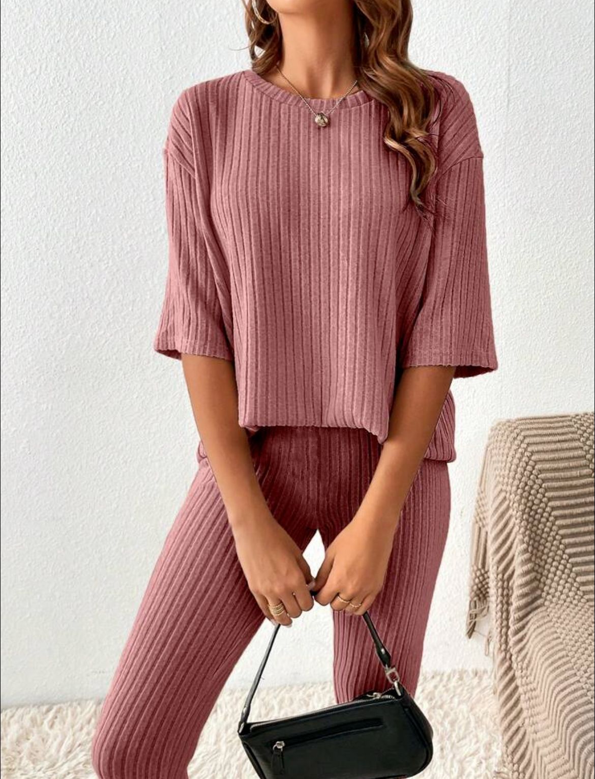 Ensemble pantalon décontracté pour femme – Couleur unie, style homewear