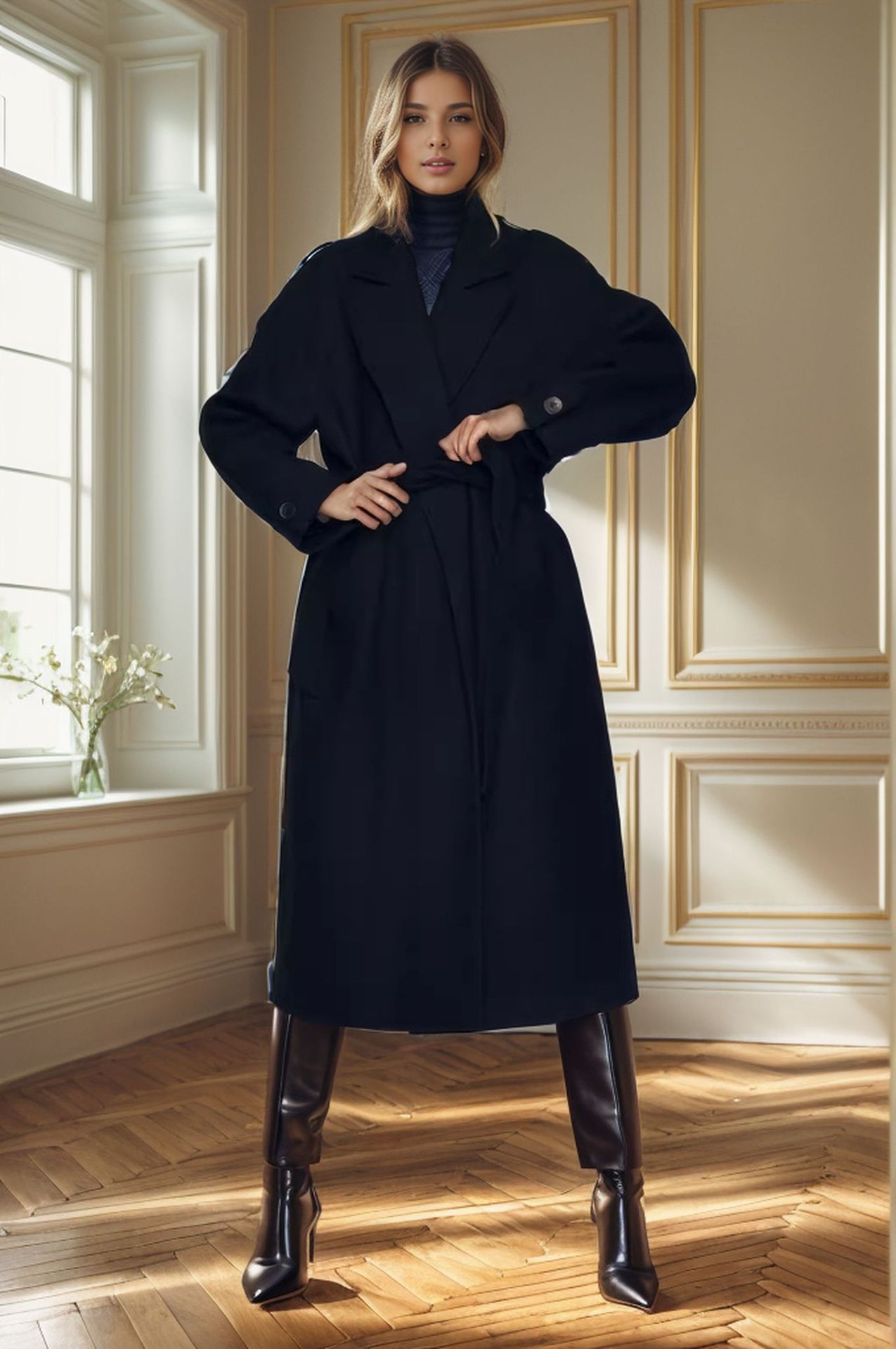 Manteau Long Slim à Col Châle Matelassé – Élégance Hivernale