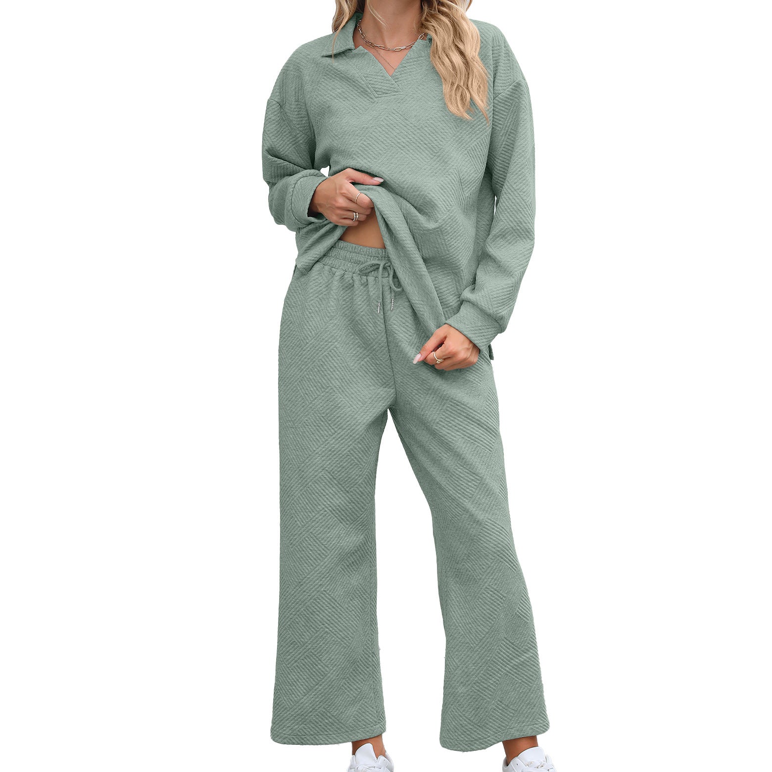 Ensemble 2 pièces femme : pull à col châle à manches longues et pantalon à taille élastique