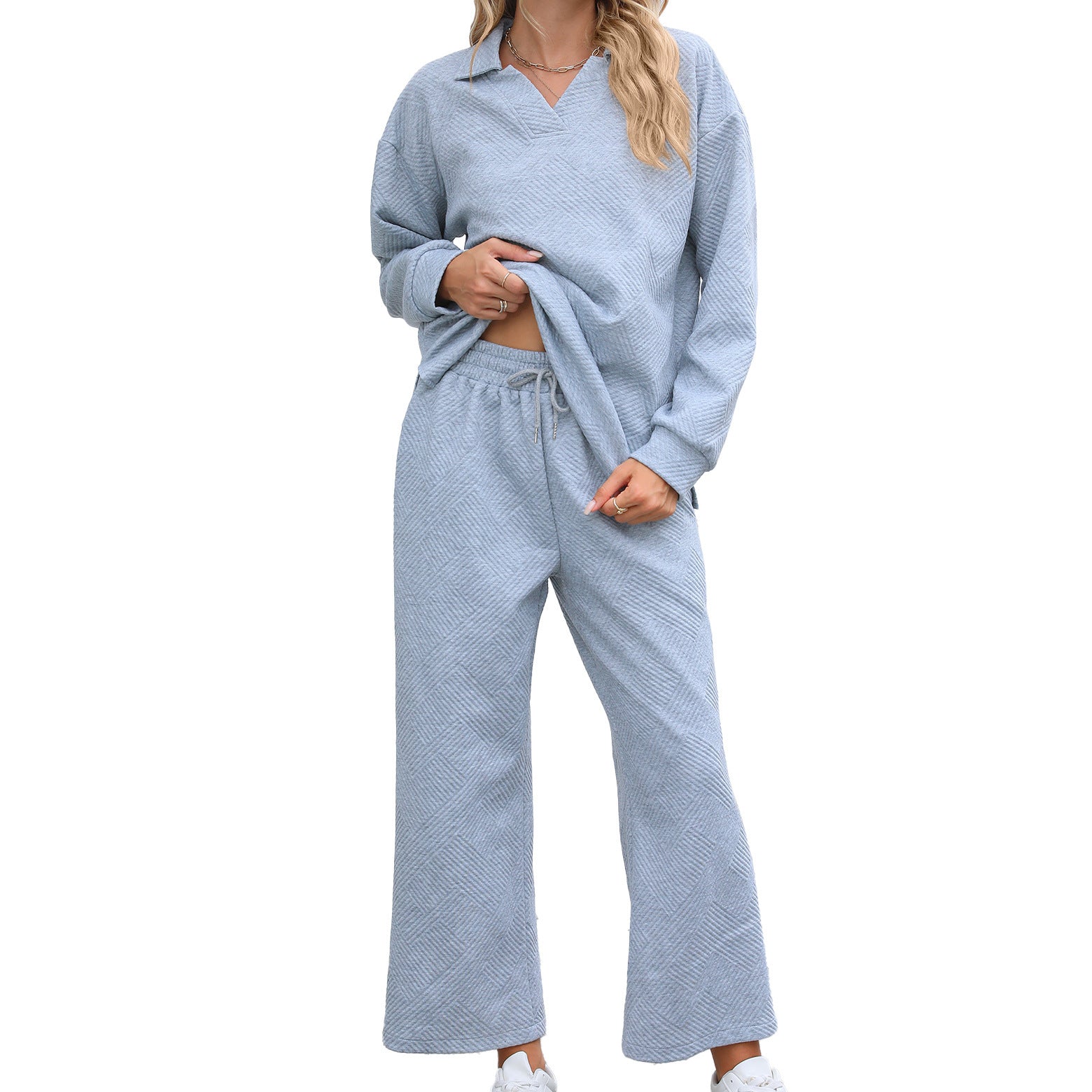 Ensemble 2 pièces femme : pull à col châle à manches longues et pantalon à taille élastique