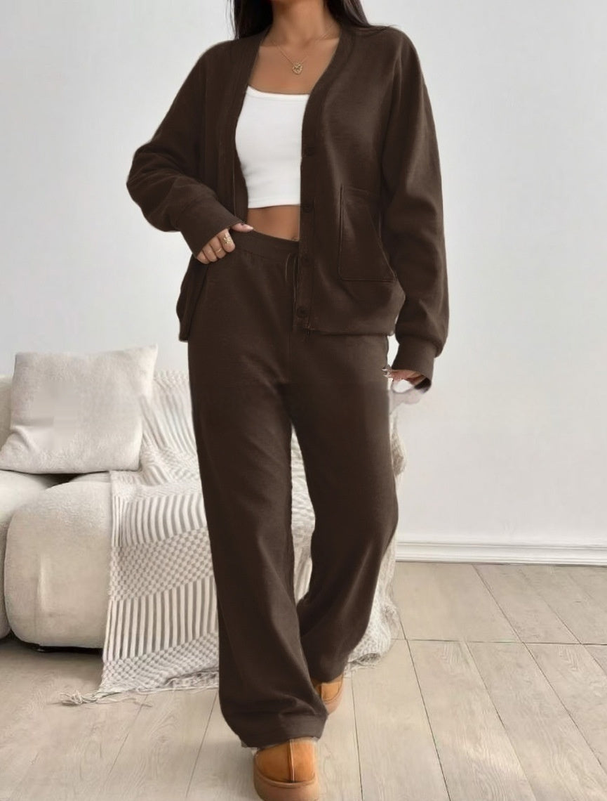 Ensemble 2 pièces femme : cardigan à manches longues et pantalon à jambes larges taille haute