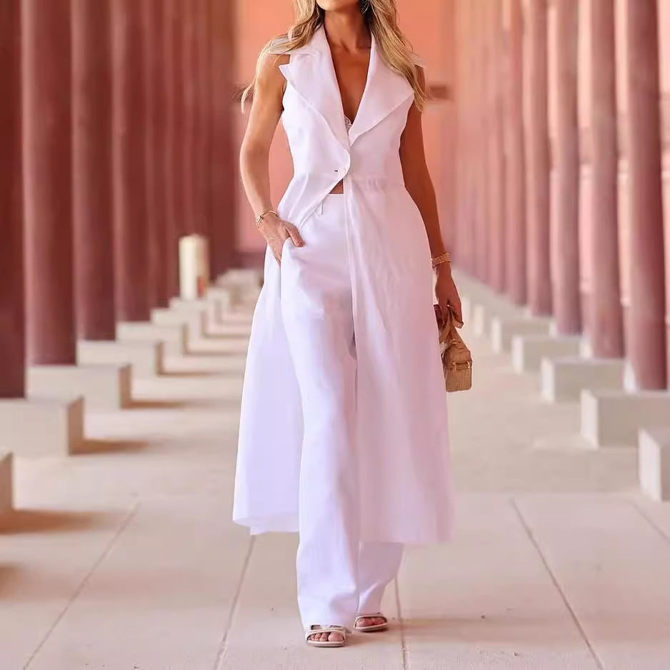 Ensemble deux-pièces sans manches à col châle pour femme