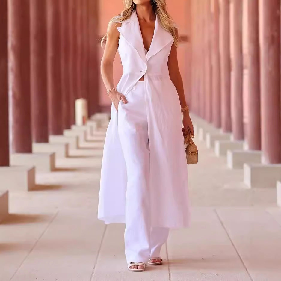 Ensemble deux-pièces sans manches à col châle pour femme