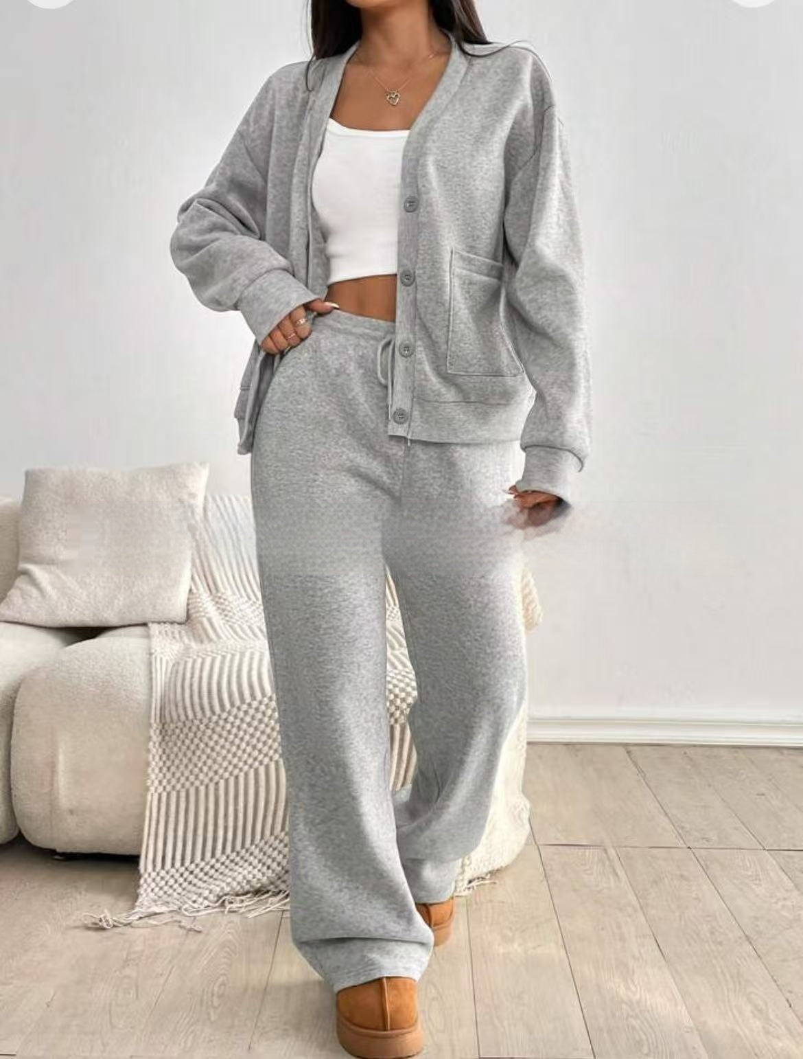 Ensemble 2 pièces femme : cardigan à manches longues et pantalon à jambes larges taille haute