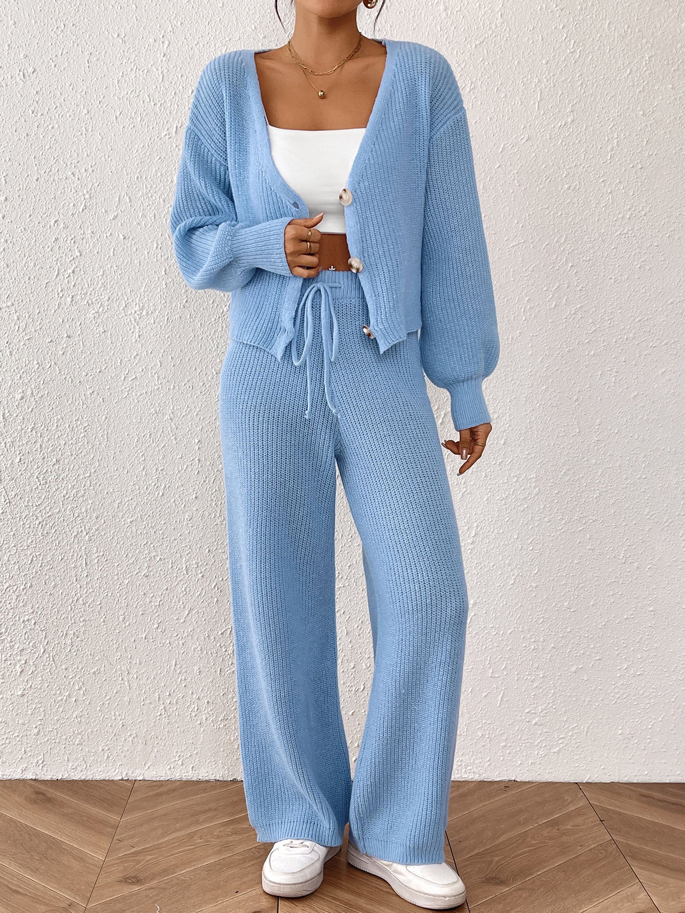 Ensemble 2 pièces femme : haut court uni et pantalon à jambes larges taille haute