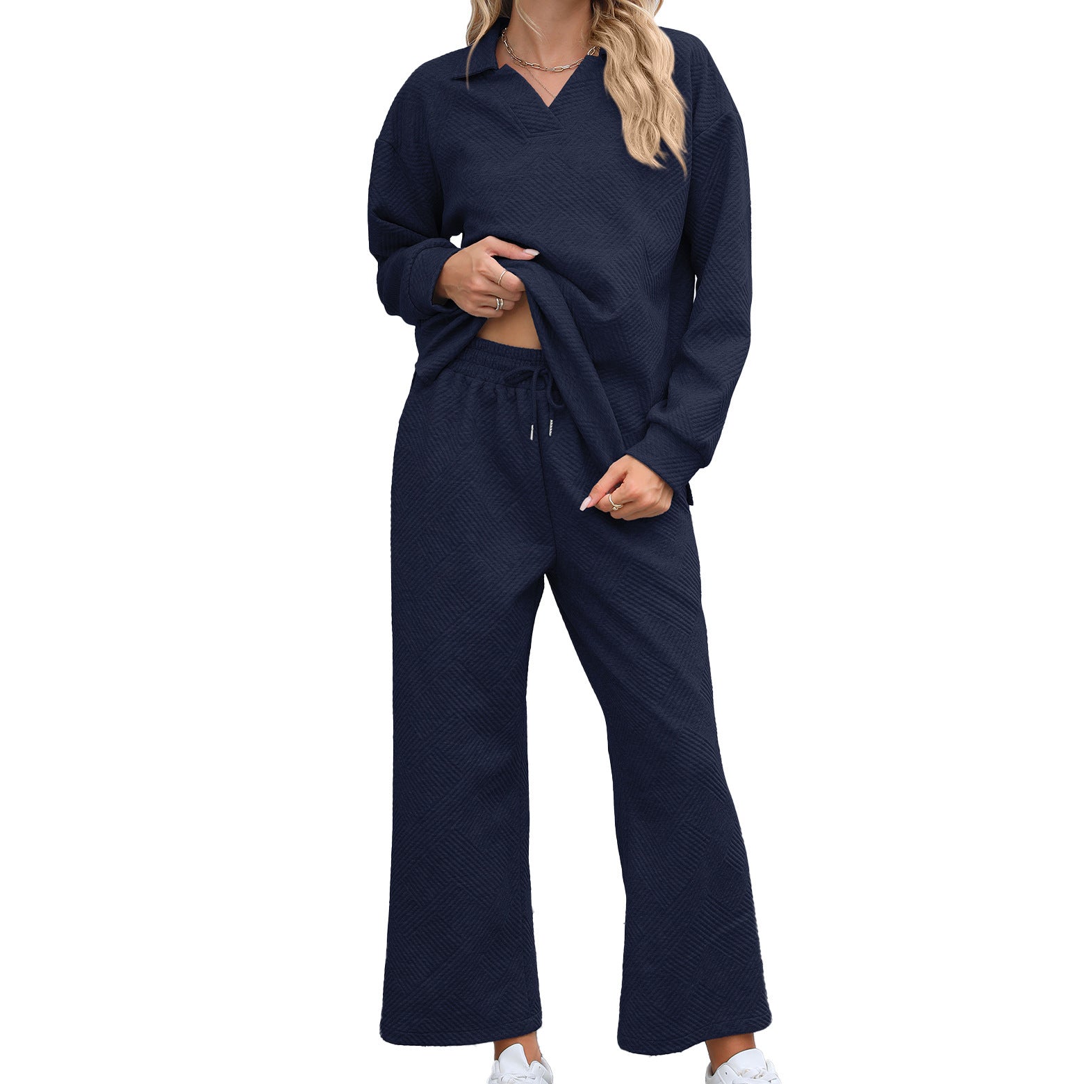 Ensemble 2 pièces femme : pull à col châle à manches longues et pantalon à taille élastique