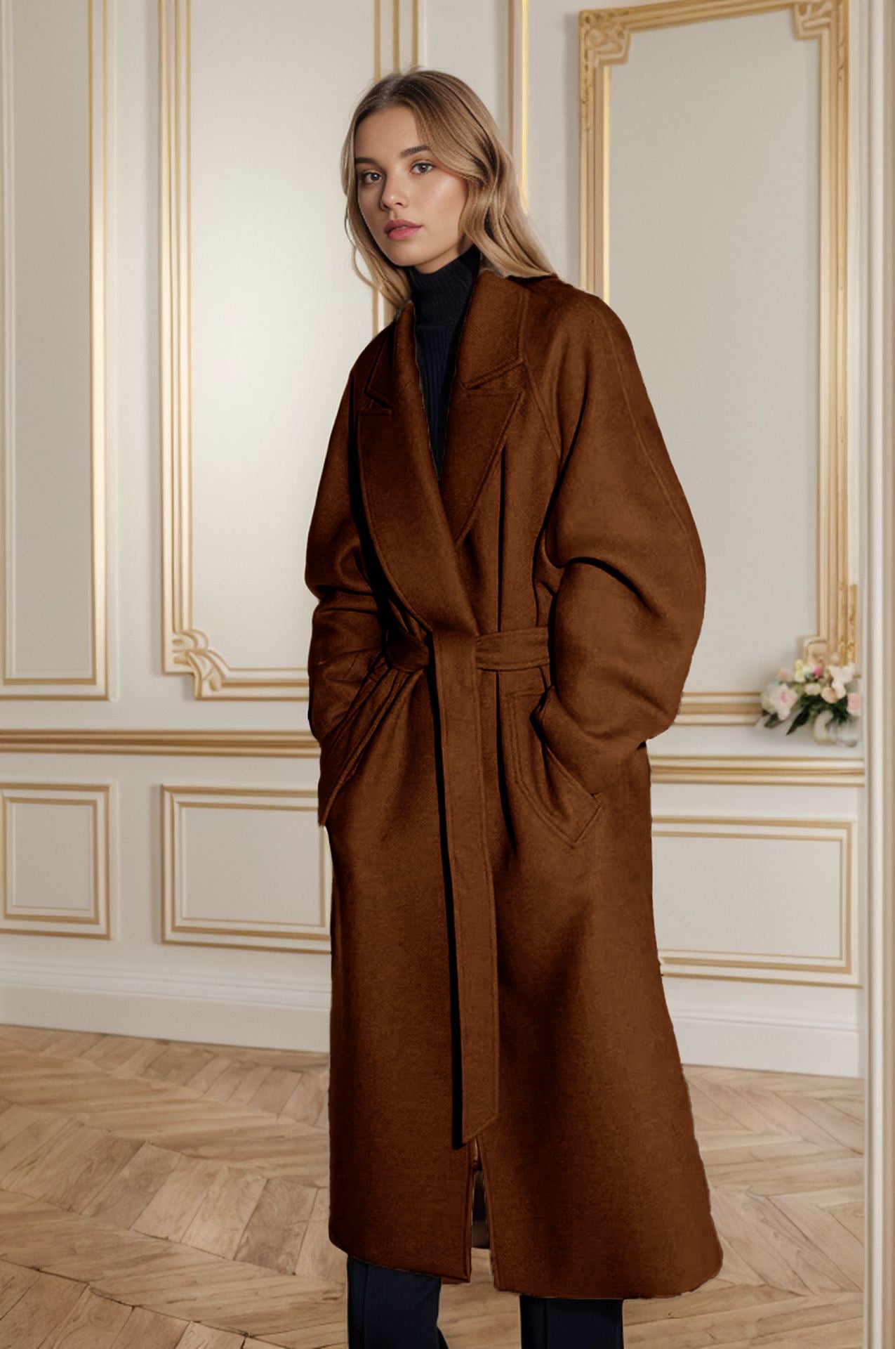 Manteau Long Slim à Col Châle Matelassé – Élégance Hivernale