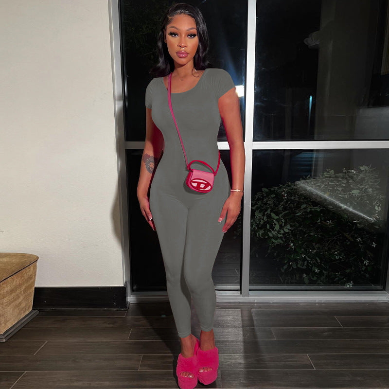 Combinaison moulante sans manches à col rond, dos nu, taille haute et effet galbant