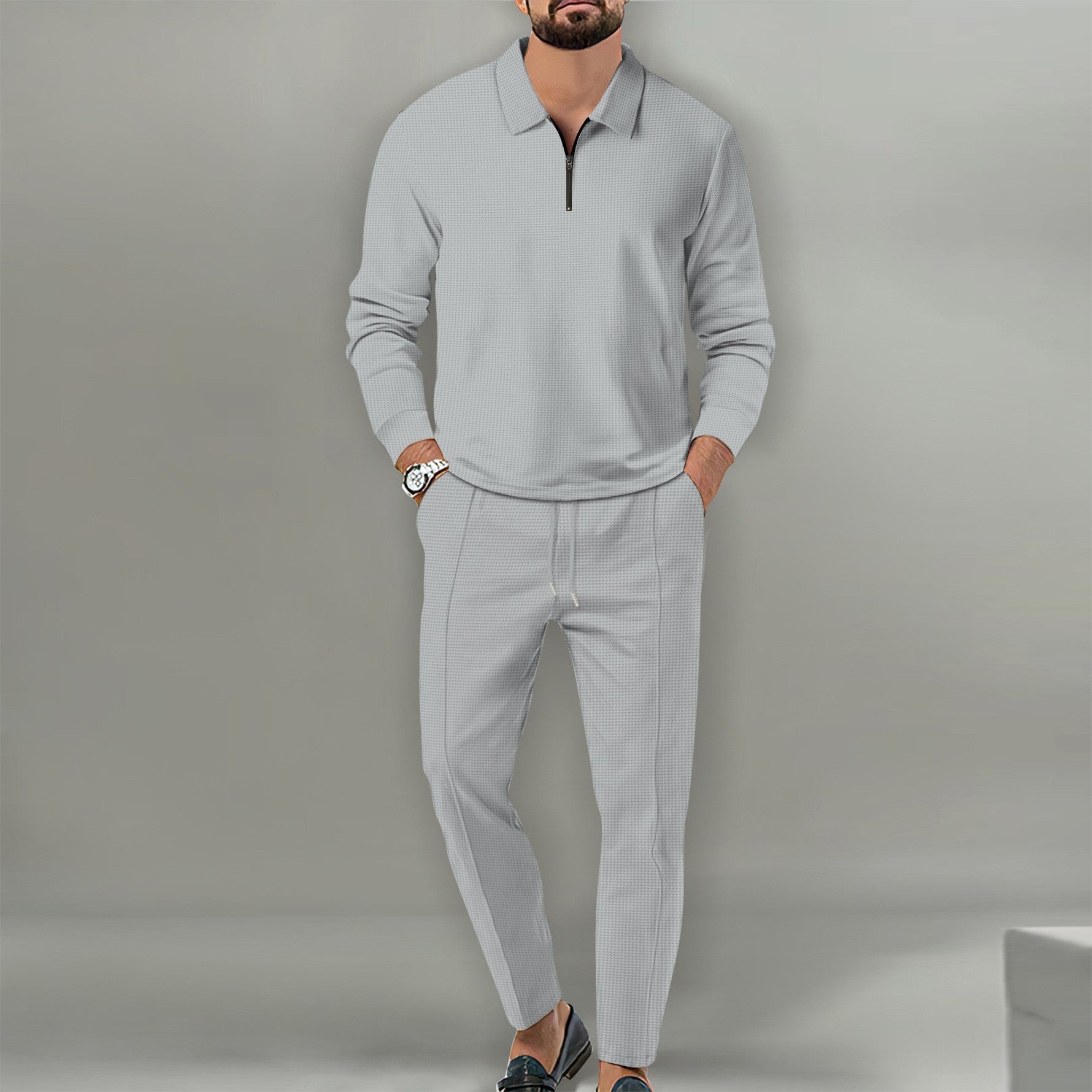 Ensemble Waffle Zippé – Haut à Manches Longues & Pantalon Homme