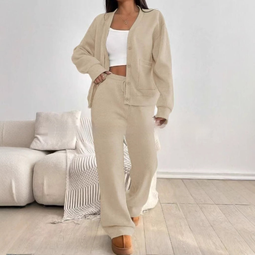 Ensemble 2 pièces femme : cardigan à manches longues et pantalon à jambes larges taille haute