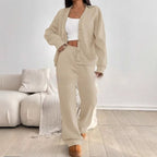 Ensemble 2 pièces femme : cardigan à manches longues et pantalon à jambes larges taille haute
