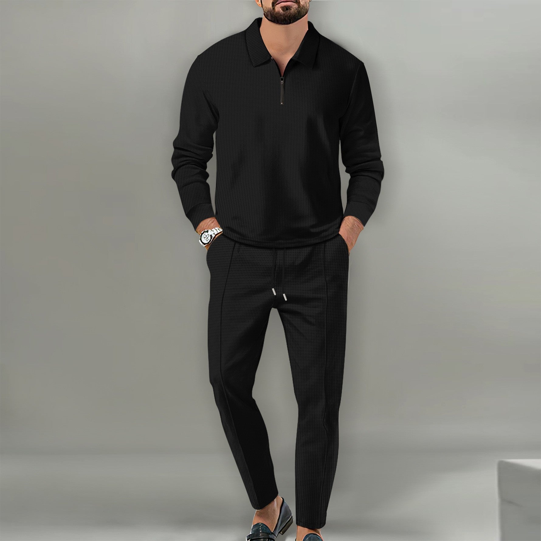 Ensemble Waffle Zippé – Haut à Manches Longues & Pantalon Homme