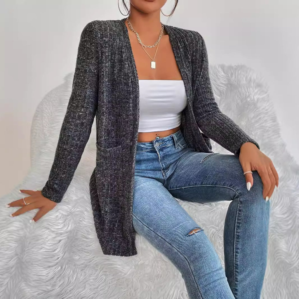 Cardigan Tricoté à Manches Longues avec Poches – Élégance et Confort