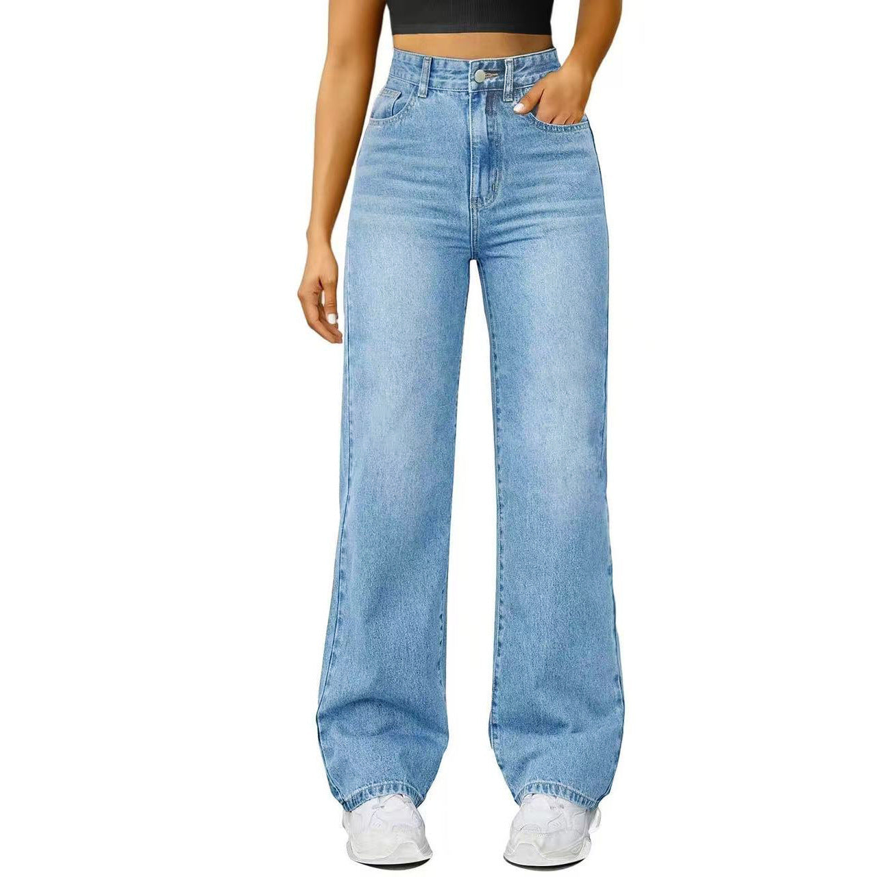 Jeans Femme Coupe Droite Loose à Haute Élasticté