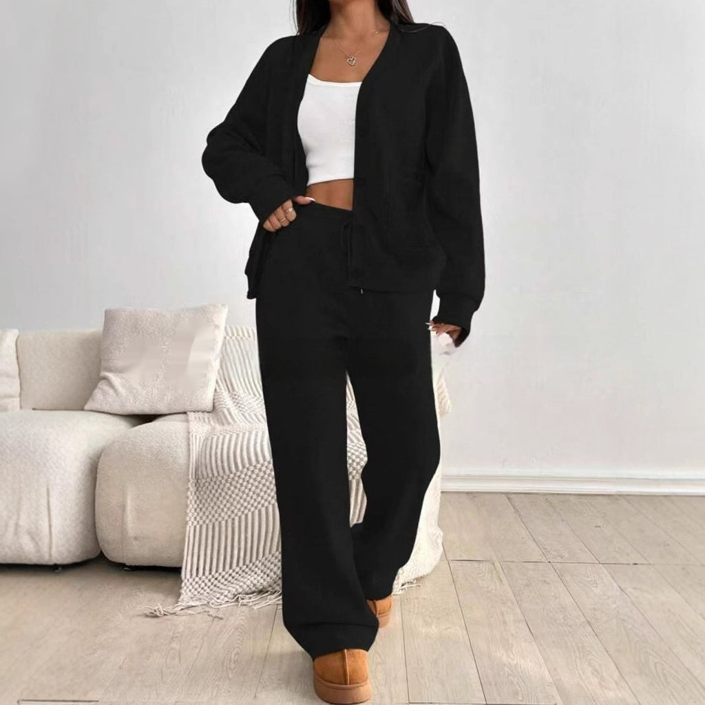 Ensemble 2 pièces femme : cardigan à manches longues et pantalon à jambes larges taille haute