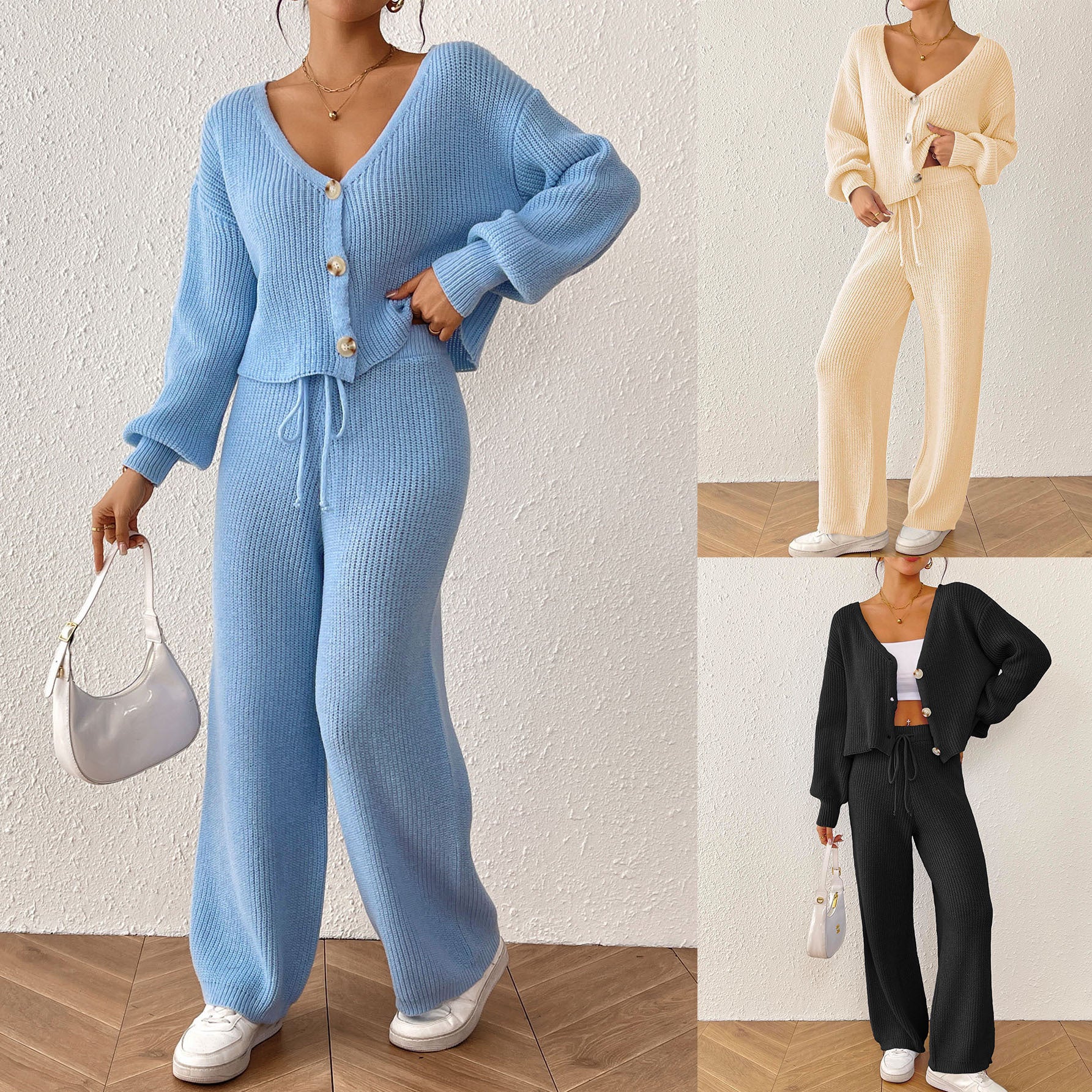 Ensemble 2 pièces femme : haut court uni et pantalon à jambes larges taille haute