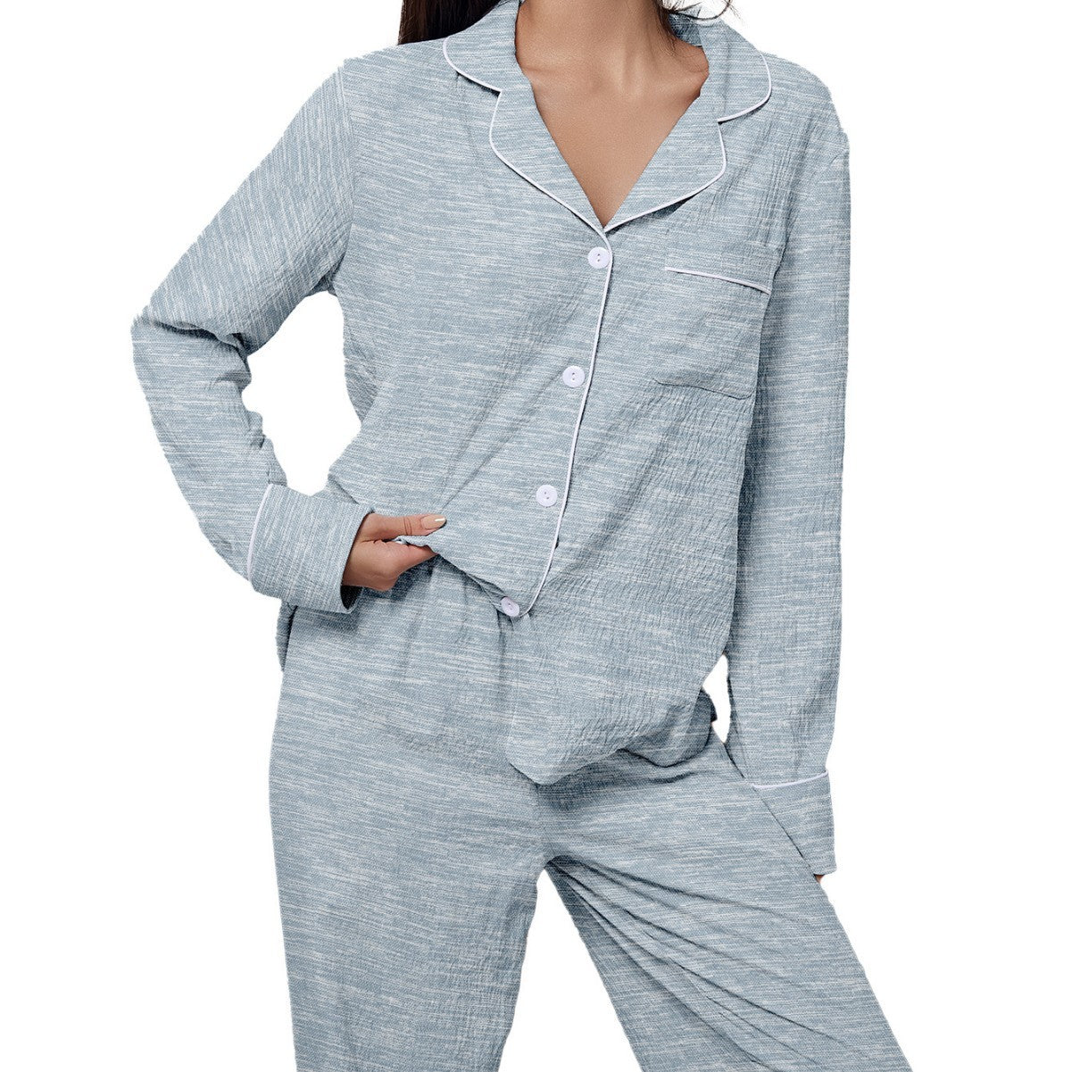 Vêtement Femme à Col Châle à Manches Longues et Pantalon Assorti – Confort et Élégance